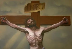 Padre perdona loro", 1 intenso quadro sacro iperrealista a pastello di Roberto Mangialardi. Dettagli assoluti e arte pura.Il dipinto raffigura una scena intensa e drammatica della crocifissione, con Cristo in primo piano. Il corpo di Cristo è rappresentato con grande attenzione al dettaglio anatomico, mostrando le costole pronunciate e la tensione muscolare, suggerendo la sofferenza fisica. La corona di spine gli trafigge la fronte da cui sgorgano gocce di sangue, visibili sul suo viso e sul torace. Le sue mani sono inchiodate alla croce, si possono notare i segni delle ferite e il sangue che cola.