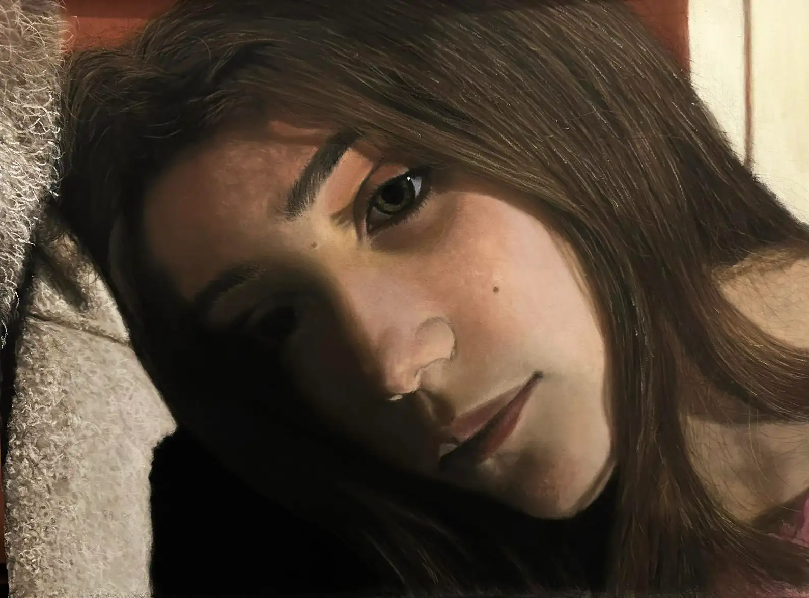 Profonda riflessione,Il dipinto raffigura il primo piano di una giovane ragazza, con i capelli lunghi e castani che le incorniciano il viso. L'illuminazione è particolarmente suggestiva: una luce intensa colpisce il lato destro del suo viso (dal punto di vista dell'osservatore), creando un forte contrasto con il lato sinistro che rimane in ombra, quasi oscurato. Questa divisione luminosa accentua la profondità e il volume del volto.