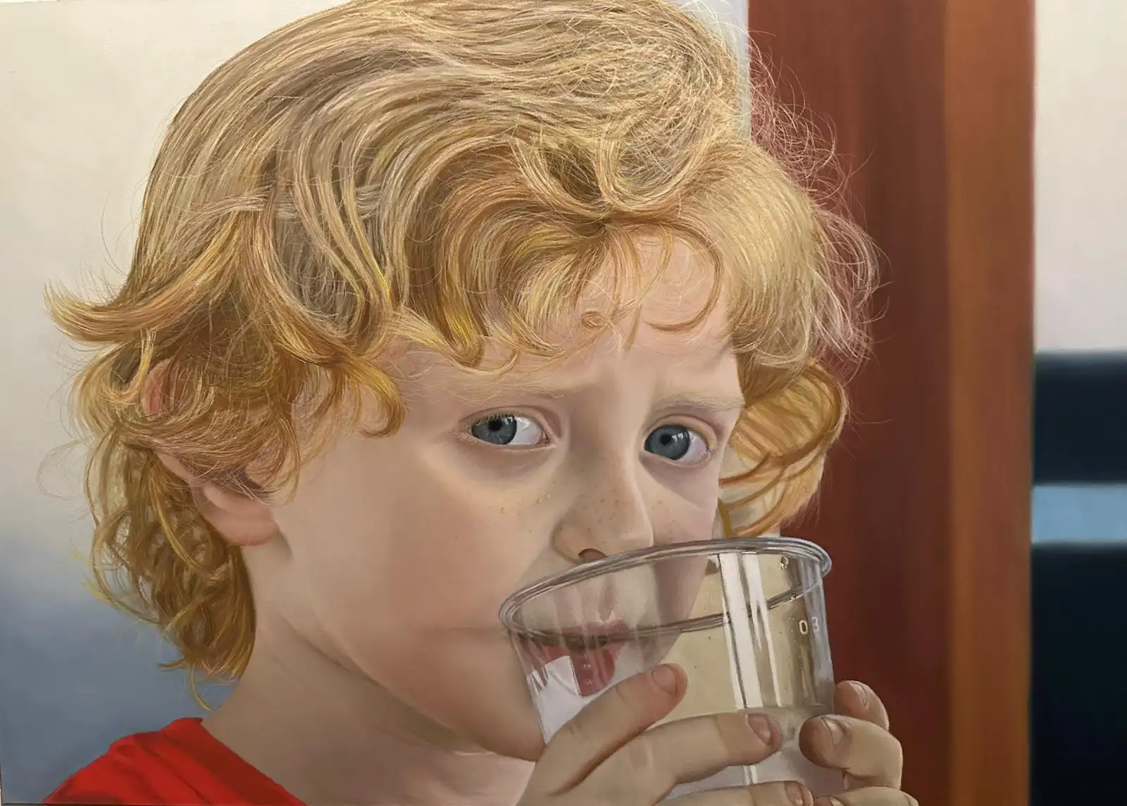 Sguardo,L'opera ritrae in primo piano il volto di un bambino con capelli mossi e riccioluti di un vibrante color biondo-ramato, che incorniciano un viso con leggere lentiggini sparse. I suoi occhi, di un azzurro intenso, sono fissi sullo spettatore creando un forte senso di connessione e lo "Sguardo" a cui il titolo fa riferimento.