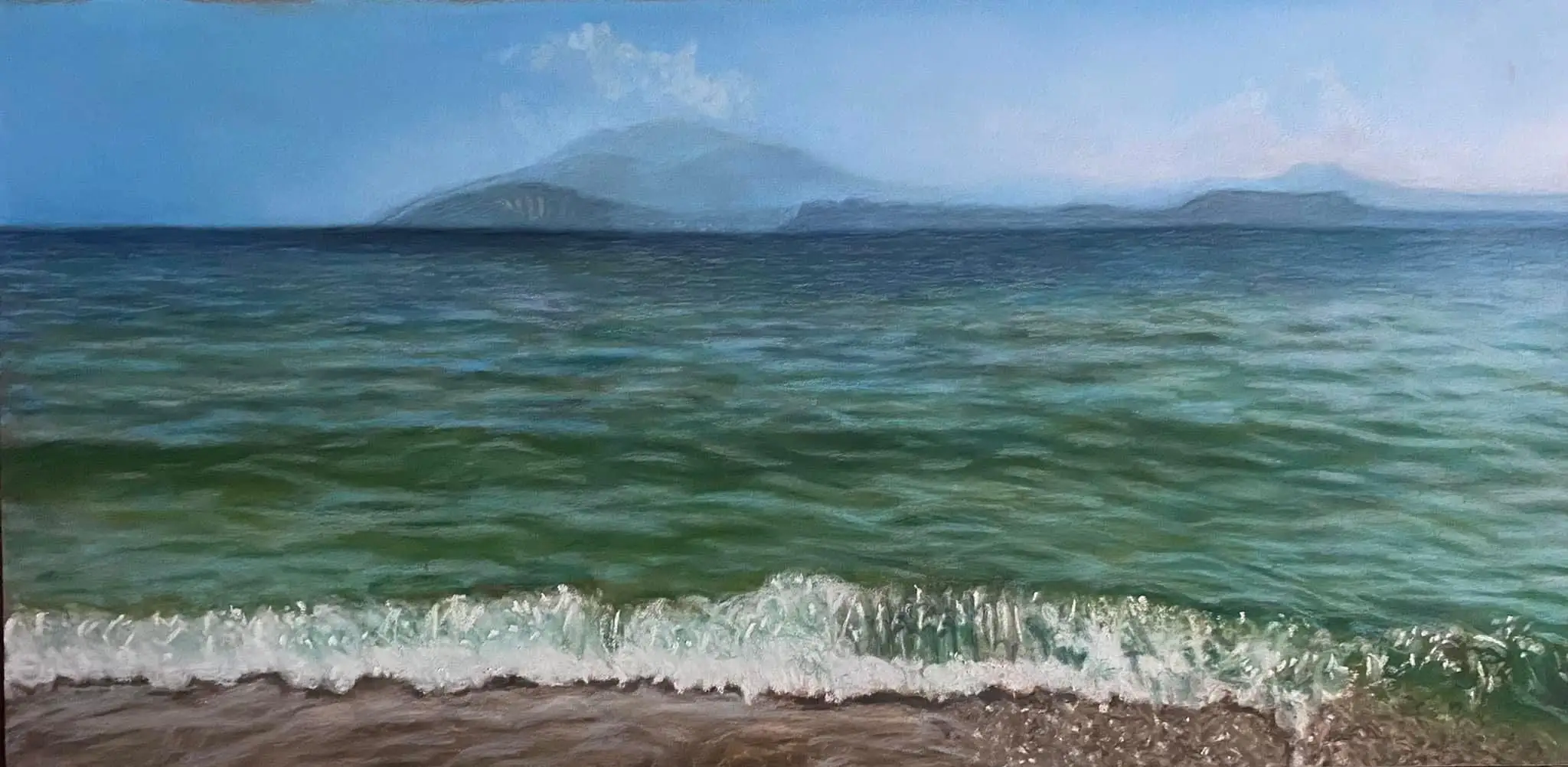 Sirmione sul Lago,Il dipinto cattura magnificamente l'atmosfera del lago con Sirmione sullo sfondo, come suggerisce il titolo.