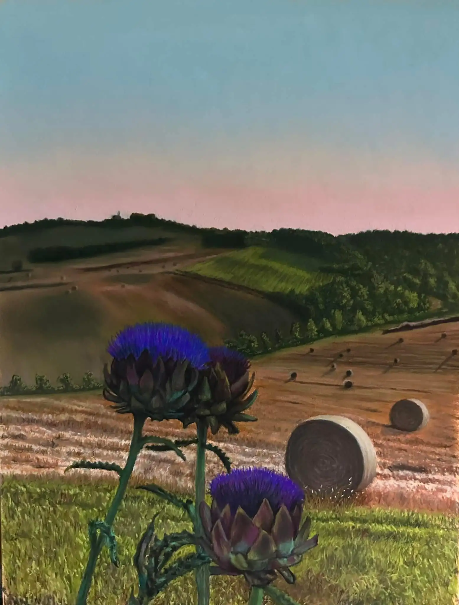 "Colline Senesi" è un'incantevole interpretazione a pastello che cattura magistralmente l'essenza delle colline senesi. Il primo piano è dominato da tre imponenti fiori di cardi, resi con una vibrante fusione di tonalità viola scuro e blu intenso per le loro cime piumose, che contrastano con le basi e gli steli robusti di colore verde-marrone. Questi fiori sono posizionati in un lussureggiante primo piano verde, suggerendo un paesaggio vivace e fertile.