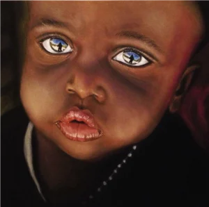 Il Piccolo Abdul Il ritratto raffigura un bambino che guarda direttamente l'osservatore dall'alto verso il basso, con una posa che suggerisce un'espressione interrogativa, quasi di attesa.