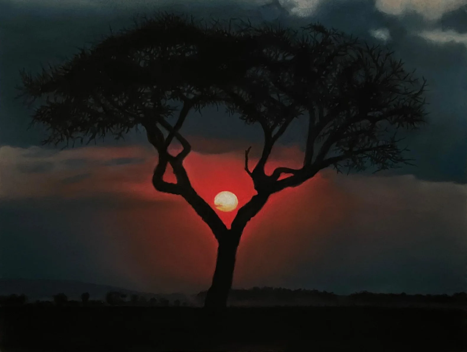 Intanto in Kenia", 1 straordinario quadro iperrealista a pastello di Roberto Mangialardi. Colori e dettagli fotorealistici.L'elemento centrale è la silhouette nera e imponente di un albero di acacia, tipico del Kenya, che si staglia in primo piano. I suoi rami contorti e ramificati creano una sorta di cornice scura naturale che delimita il punto focale.