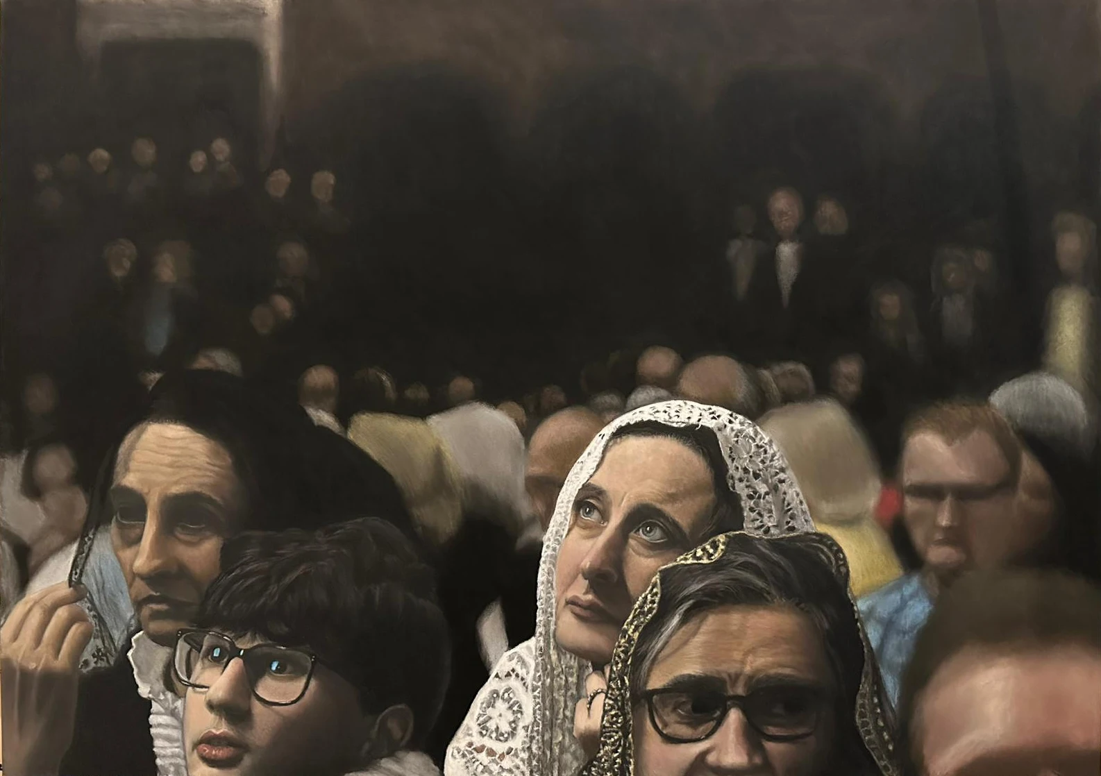 eco di una presenza suggerisce che il gruppo stia reagendo a qualcosa che non si vede direttamente – una "presenza" appunto – rendendo gli spettatori del quadro testimoni di un evento invisibile mentre l'osservatore esterno viene proiettato direttamente all'interno di una folla grazie a una prospettiva dal basso verso l’alto su cui l’opera è stata costruita.