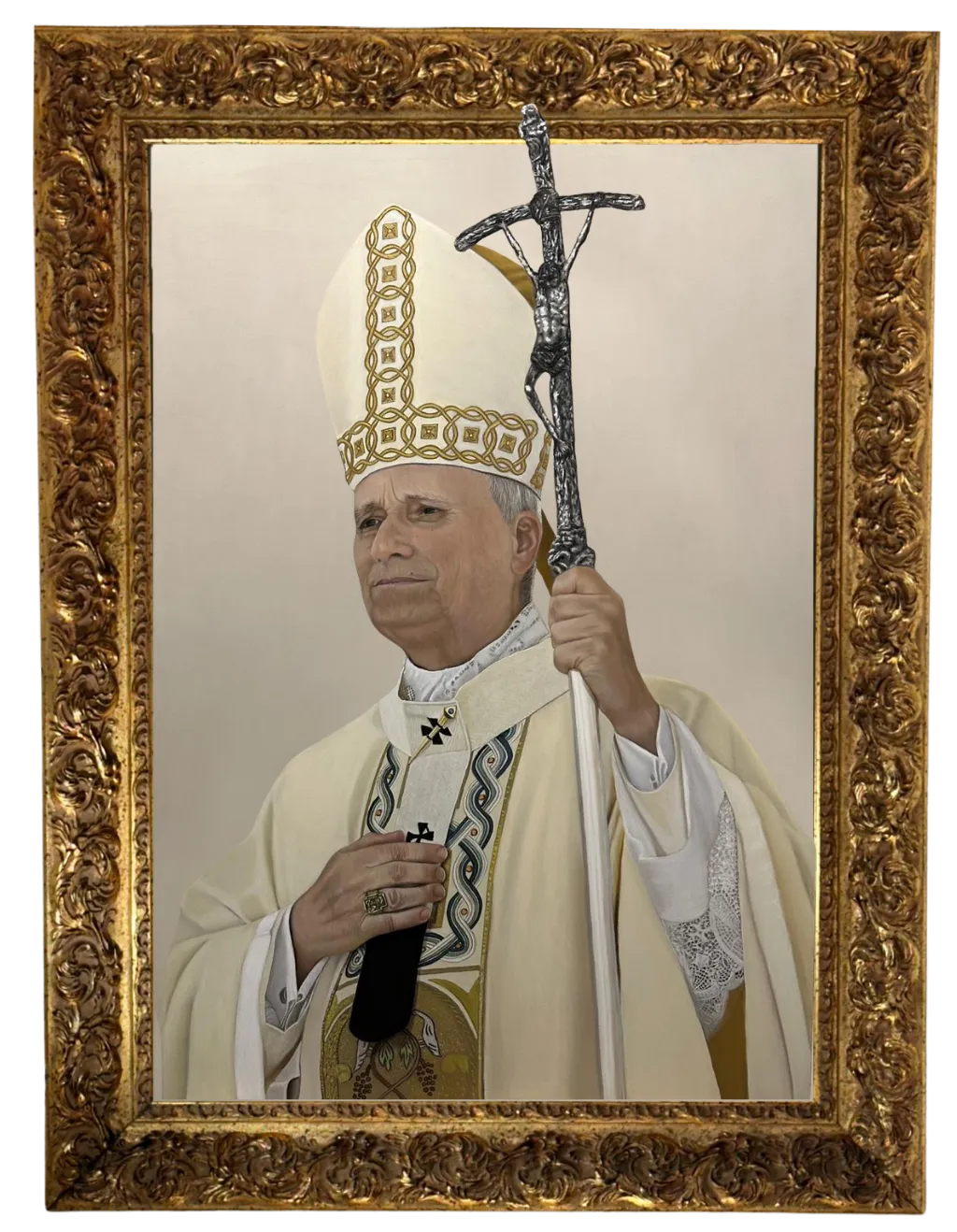 Opera di Roberto Mangialardi che raffigura Papa Leone XIV, realistica con effetto 3D